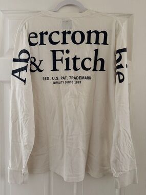 Abercrombie & Fitch White Long-Sleeve Logo Shirt with Navy Print
